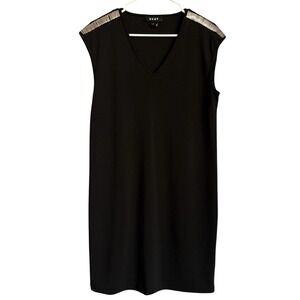 DKNY Basic Black Midi Slip Size Medium Dress V-Neck Y2K‎ Silver Metal Shoulder